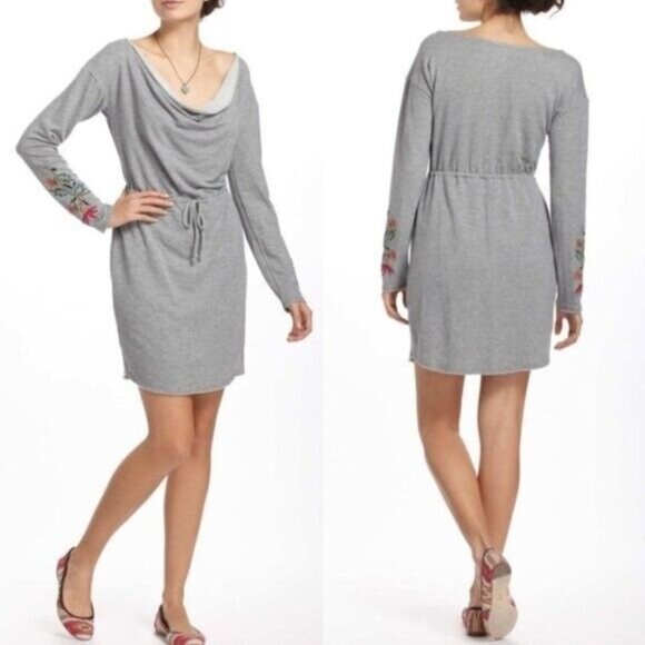 Dolan Port Maria Anthropologie Long Sleeve Embroidered Gray T-shirt Dress Small - Picture 1 of 14